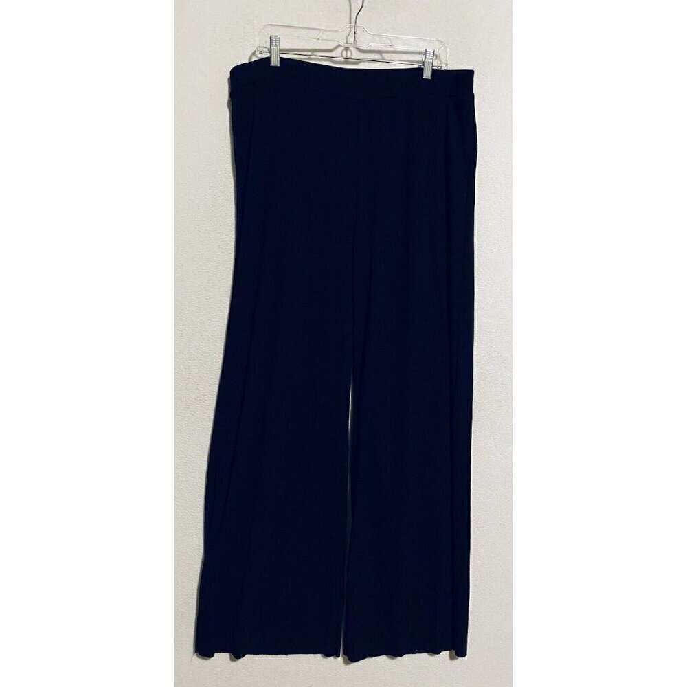 Suzanne Betro Pants Womens 2X Black Ribbed Wide Leg Flowy Pull On Elastic Waist